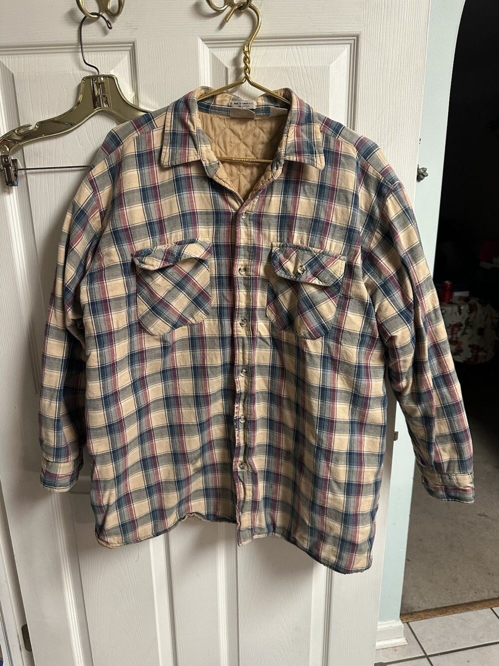 90s Plaid Quilted Shirt Jacket Flannel Insulated Shaket Distressed XL 54 Tan Lee